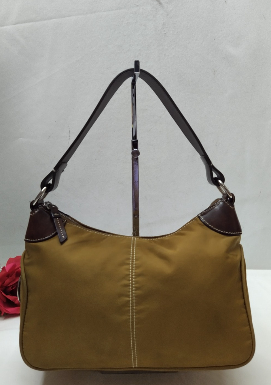Dooney & Bourke Brown Nylon Leather Trim Zipper Closure Hobo Shoulder Bag